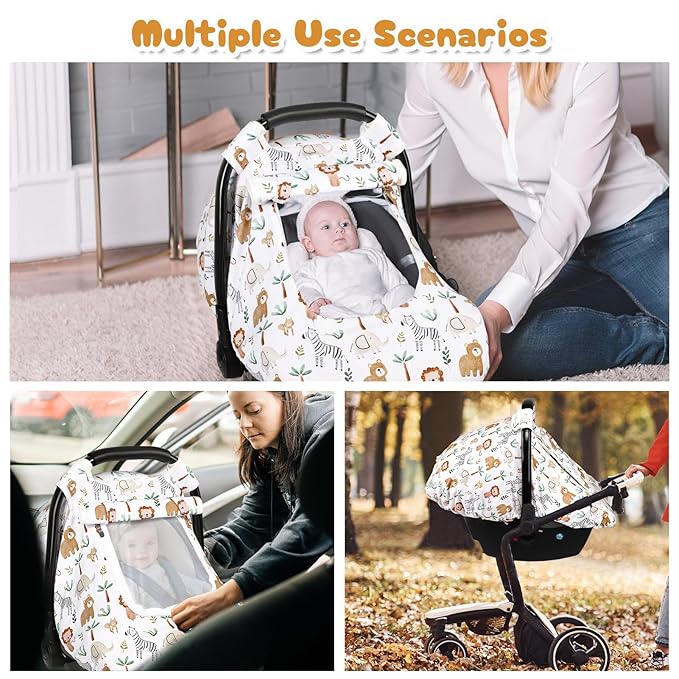 Baby Car Seat Cover, Windproof Carseat Cover for Infant Girls, Infant Warm Carseat Canopy with Double Layer Fabric for Winter, Compatible with Most Baby Car Seat, Animals