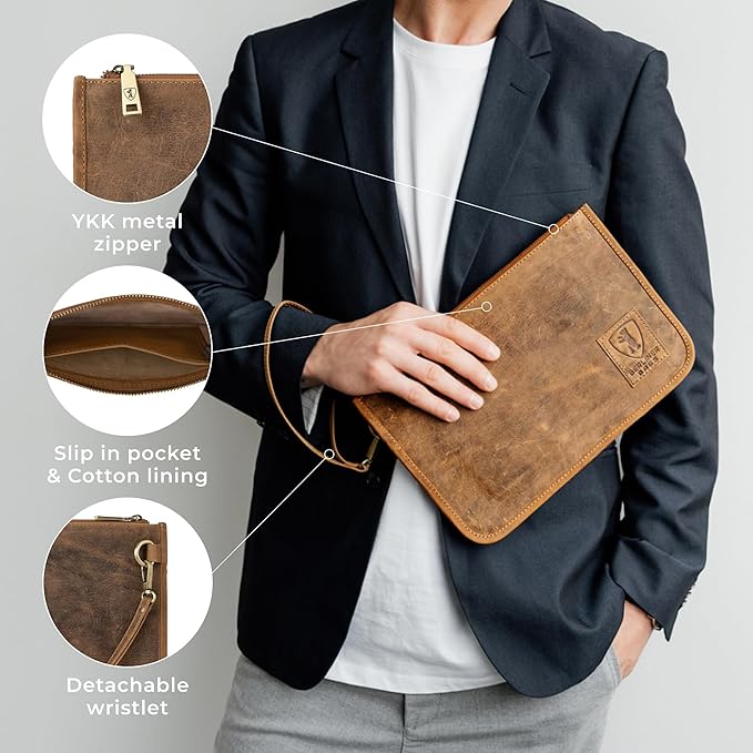 BERLINER BAGS Vintage Genuine Leather Document Organizer Theo XL, Passport Holder and Travel Wallet - Brown