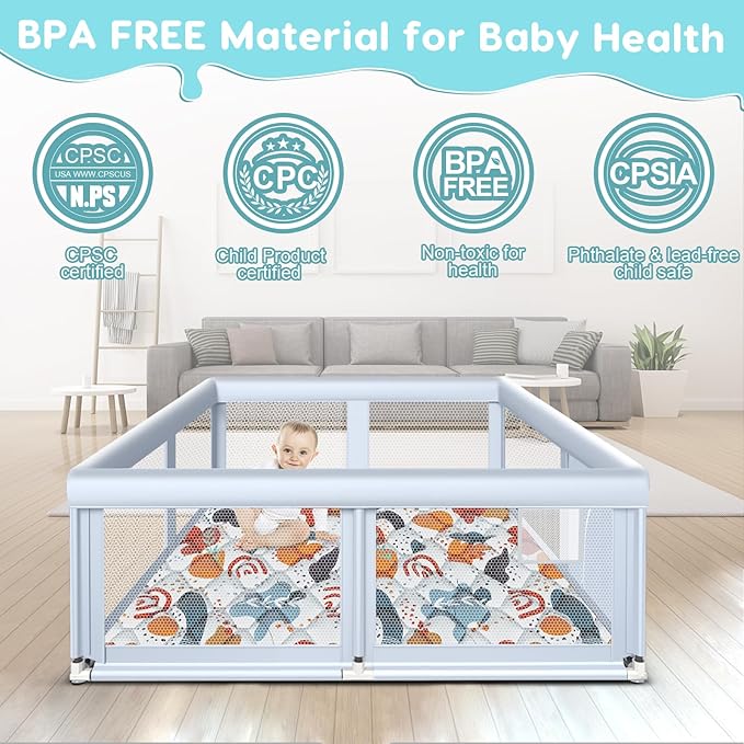 Fshibila 65" ×50" Large Baby Playpen with Mat, Baby Playard for Babies and Toddlers, Play Pens for Indoor & Outdoor, Sturdy Safety Play Yard with Soft Breathable Mesh, Anti-Fall, Grey