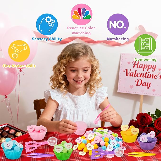 EZdhuawuse Valentines Sensory Bin Fillers - 268P Valentine’s Day Gift Fine Motor Toy Counting Sorting Set for Kid, Felt Conversation Heart Colorful Pom Poms Cup Clip for Preschool Education Activities