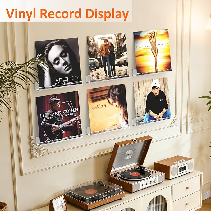6 Pack Vinyl Wall Mount Shelf, 12" Vinyl Record Holder, Clear Record Shelf Display and Storage, Acrylic Shelves for Wall, Nursery, Living Room, Bedroom