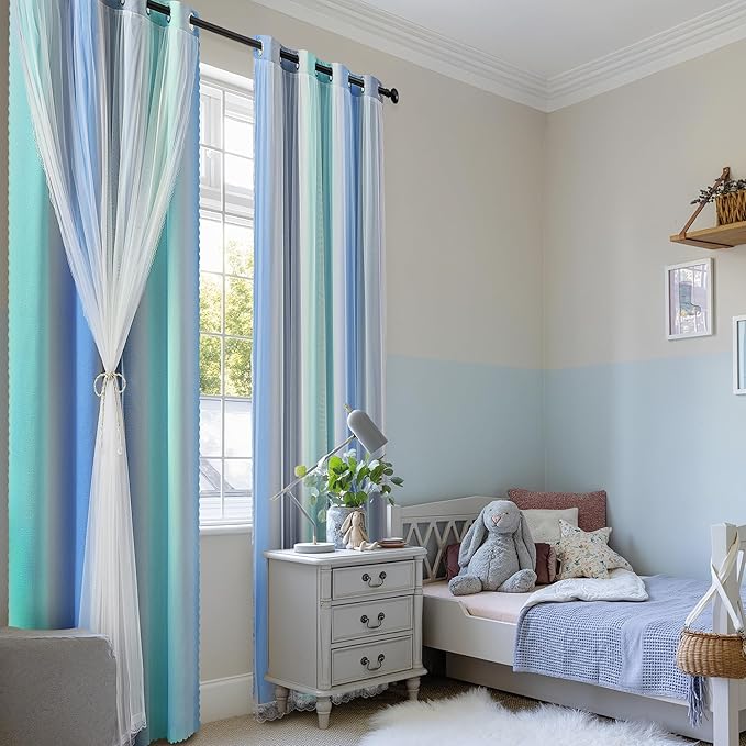 XiDi Blue Green Grey Blackout Curtains 63 Inches Long for Living Room Bedroom 2 Panels Double Layer Curtains Rainbow Kids Grommet Window Drapes for Nursery Princess Unicorn Wall Decals 34 Inches Wide