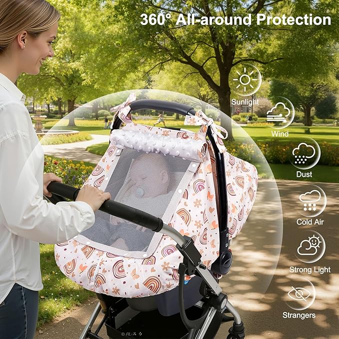 FIOBEE Baby Car Seat Cover, Car Seat Covers for Babies Infant Car Seat Canopy with Breathable Mesh Window Waterproof Carseat Cover for Babies Boy Girl 4 Seasons, Brown Rainbow