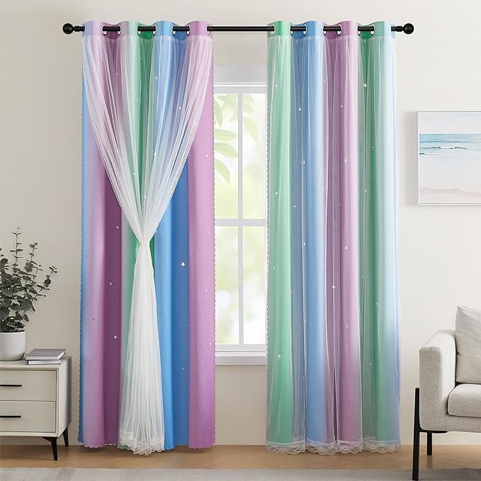 XiDi Green Purple Blue Curtains 72 Inches Long for Girls Bedroom 2 Panels Set, Blackout Rainbow Curtains for Kids Room Decor, Unicorn Wall Decals Drapes for Little Girl Nursery Room 52 Inches Wide