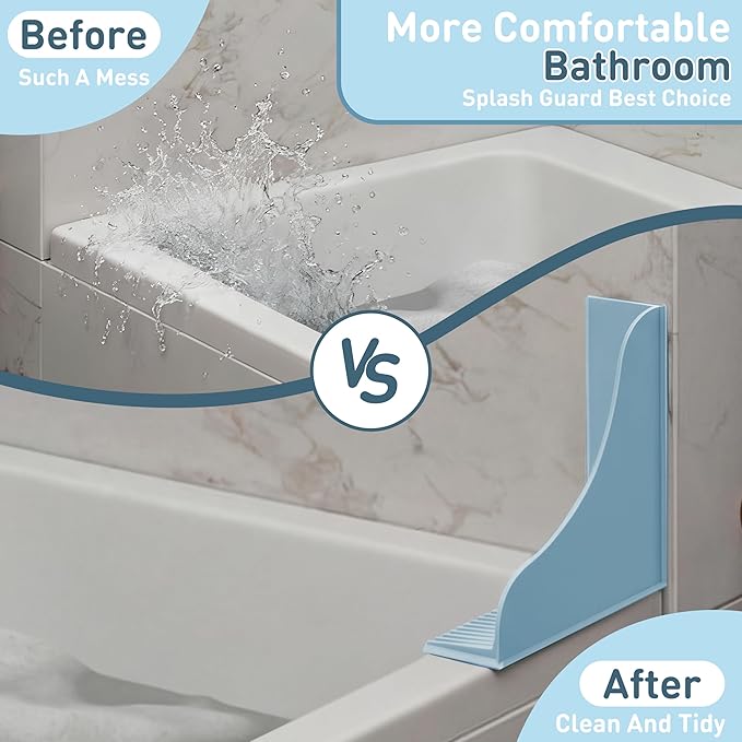 No-Adhesive 2-Pack All-Silicone Shower Splash Guard with Strong Suction Cups, Reusable One-Piece Bath Tub Corner Water Blocker for Secure Seal&Easy Removal，Keep Water in Shower or Bath, Baby Blue