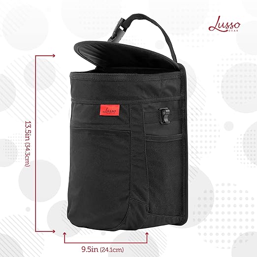 Lusso Gear Spill-Proof Car Trash Can (2 Pack) - Easy to Clean Hanging Garbage Bin - Leak-Proof, Removable Liner, Waterproof - Keeps Truck, SUV, Car, Minivan Clean & Odor Free (Black, Red Stitching)