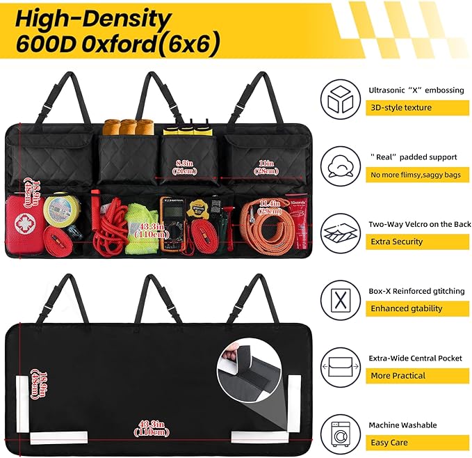 Car Trunk Hanging Organizer 3D Textured (Extra-Long), Cotton-Padded Farewell to Collapse, Reinforced Stitching, Extra-Wide Pocket, Backseat Grocery Storage Bag with 8 Pockets for SUV,Truck,Van