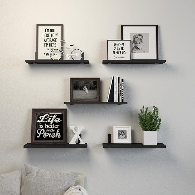 Floating Shelves, 5 Sets Wall Shelves, Wood Floating Shelves for Bedroom Wall Décor, Wall Mounted Floating Bathroom Shelf for Storage, Floating Book Shelf, Living Room – Black