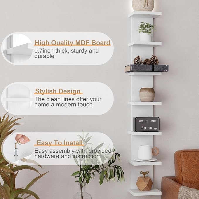 Fun Memories 7 Tier Wall Shelf Unit, White Floating Shelves for Storage - Vertical Column Tower Design, Lack Wall Shelf Space Saving Organizer for Bedroom, Living Room, Home Decor