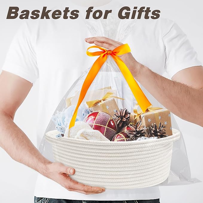 Pro Goleem Small Woven Basket with Gift Bags and Ribbons Durable Baskets for Graduation Gifts Empty Small Rope Basket for Storage 12"X 8" X 5" Baby Toy Baskets with Handles, White