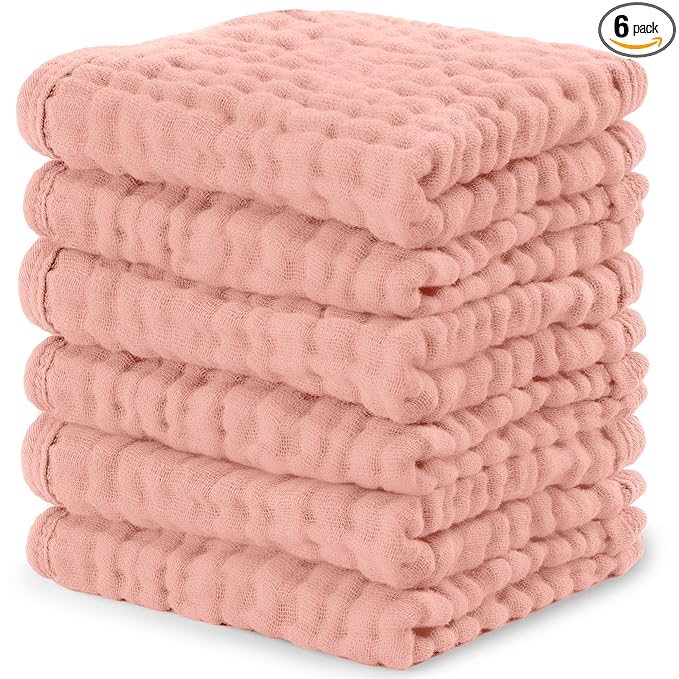Comfy Cubs Muslin Baby Washcloths 6 Pack - Soft 6-Layer Cotton Wash Cloths for Sensitive Skin - 10"x10" Large, Gentle, Absorbent Infant Essentials for Newborn and Toddlers - Bold Blush