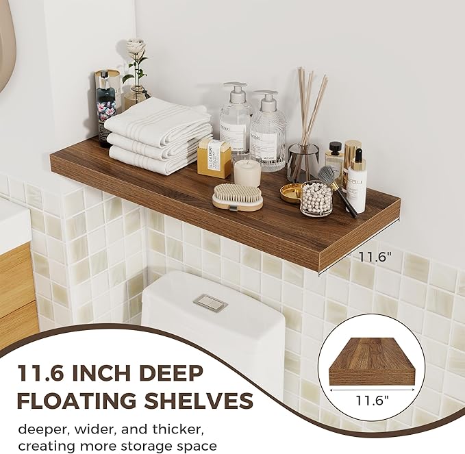 Fun Memories Deep Floating Shelves, 32W x 12D Walnut Wall Shelves, 32 Long Rustic Wood Wide Storage Shelves for Bedroom, Kitchen, Farmhouse, Laundry Room, Bedroom, Kitchen, Home Office- Set of 3