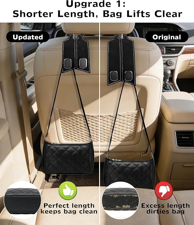 Purse Hook for Car, Car Hooks for Seat Headrest Metal & Premium Leather 2026 Latest, Auto Headrest Hanger Organizer Accessories for Purses and Bags, 2 Pack Black