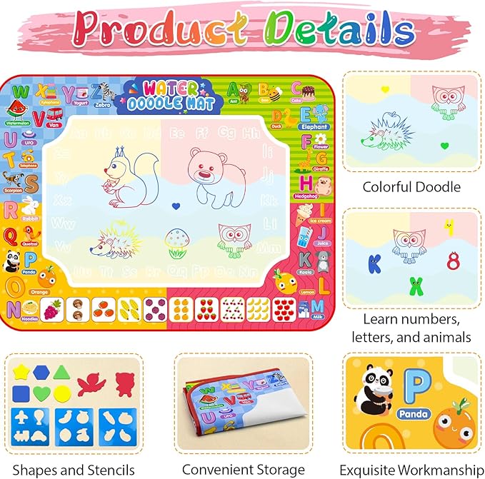 Water Doodle Mat 32 x 24 Inch Kids Water Painting Writing Drawing Mat Toy,Mess Free Coloring Extra Large Magic Educational Toys for Boys Girls Age 3 4 5 6 7 8 Year Old Christmas Birthday Present