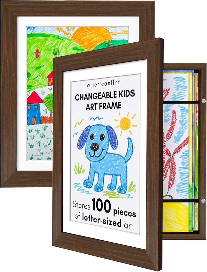 Americanflat - 2 Pack - Kids Artwork Frame Changeable (Walnut) - Magnetic Door Holds 100 Art Pieces - 8.5x11 Letter Size Display with Mat or 10x12.5 Without Mat - My Mini Masterpiece