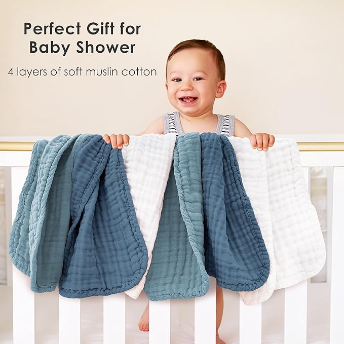 Muslin Burp Cloths for Baby 100% Cotton Burping Cloths for Unisex, Boy, Girl - Large 20'' by 10'' Newborn Essentials Ultra Soft Absorbent Milk Spit Up Rags - 12 Pack - White+Light Navy Series