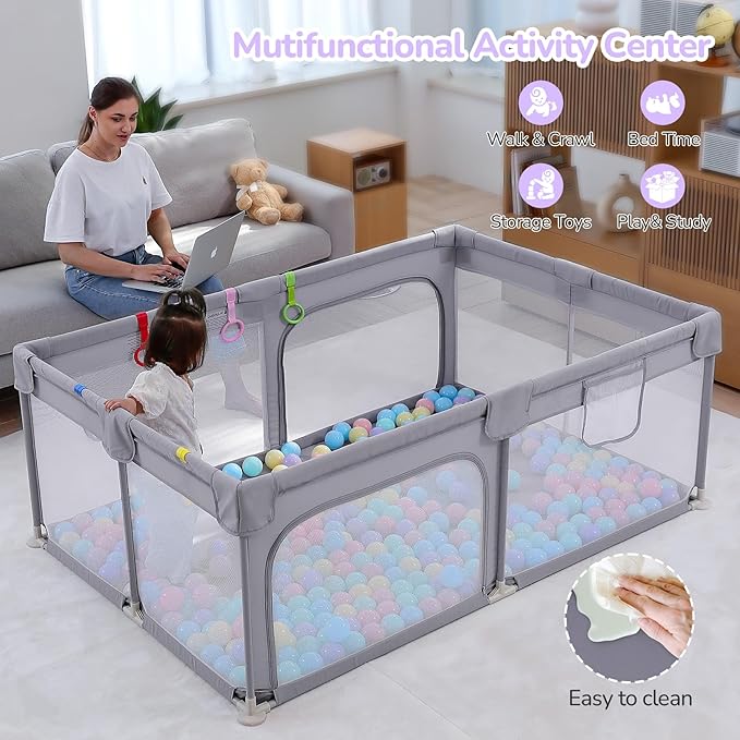Dripex Large Baby Playpen 71×47 Inch, Big Play Pens for Babies and Toddlers- Indoor & Outdoor Kids Safe Play Area, Soft Breathable Visible Mesh, Anti-Fall & Anti-Slip Design Baby Fence, Grey