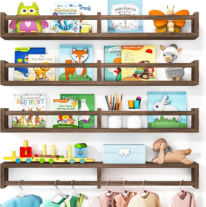 Fixwal Nursery Book Shelves, 32 Inch Floating Bookshelves for Wall Set of 4, Baby Nursery & Playroom Decor, Solid Wood Wall Mounted Shelves for Books and Toys Storage (Brown)