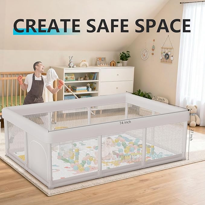 Hiaksedt Baby Playpen 74x50 in PlayPen for Babies and Toddlers, Large Play Yards for Indoor & Outdoor with Zipper Gates, Breathable Mesh with Mat