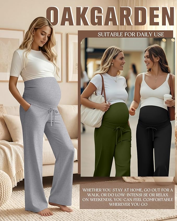 3 Pcs Maternity Sweatpants Over The Belly Pregnancy Straight Wide Leg Elastic Drawstring Pants Joggers with Pockets