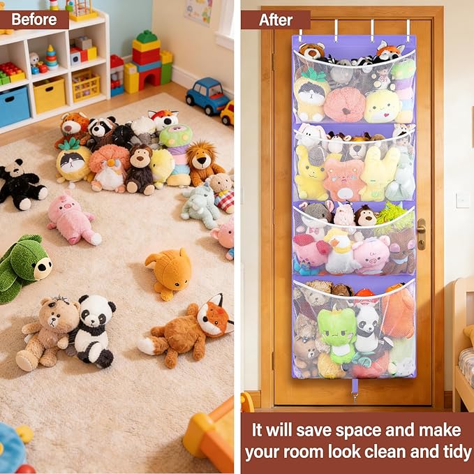 Woodoulogy Hanging Stuffed Animal Storage, Over Door Large Plush Toy Organizer with Metal Hook, Baby Accessory Holder Idea for Nursery, Doll & Bear Mesh Hammock Bag for Girl Boy Kid Room
