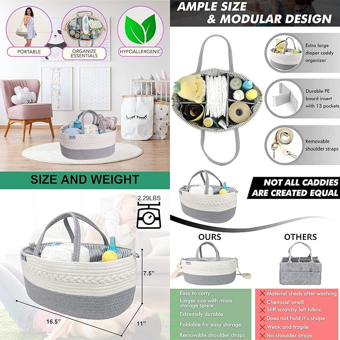 Babybund Extra Large Baby Diaper Caddy Organizer - Portable Rope Nursery Basket for Changing Table Storage - Baby Essentials Organizer for Diapers, Wipes, and More
