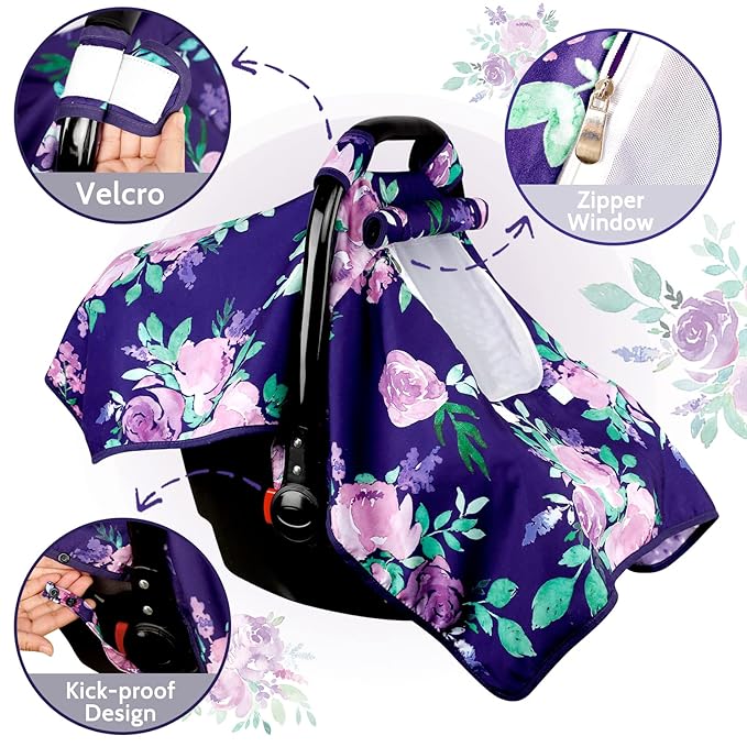 Baby Carseat Seat Cover Girls, Winter Carseat Canopy, Cozy & Warm Cover with Zipper Peep Windows, Infant Minky Carrier Cover, Soft Breathable, Baby Must Have, Purple Stuff