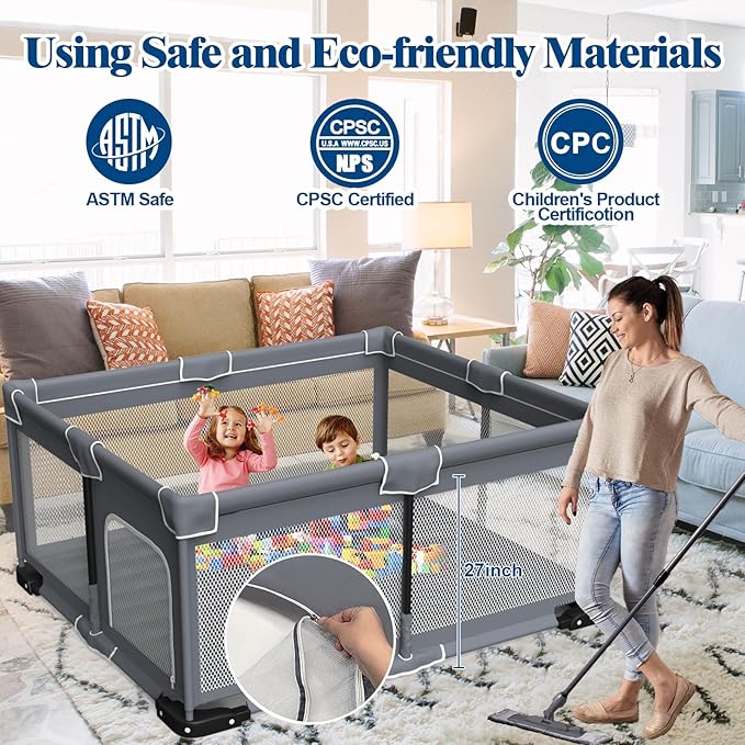 Jixrolyn Foldable Baby Playpen with Mat, Extra Large Playpen for Babies and Toddlers with Gate, Portable Baby Yard, Indoor & Outdoor Play Area 71"x59"