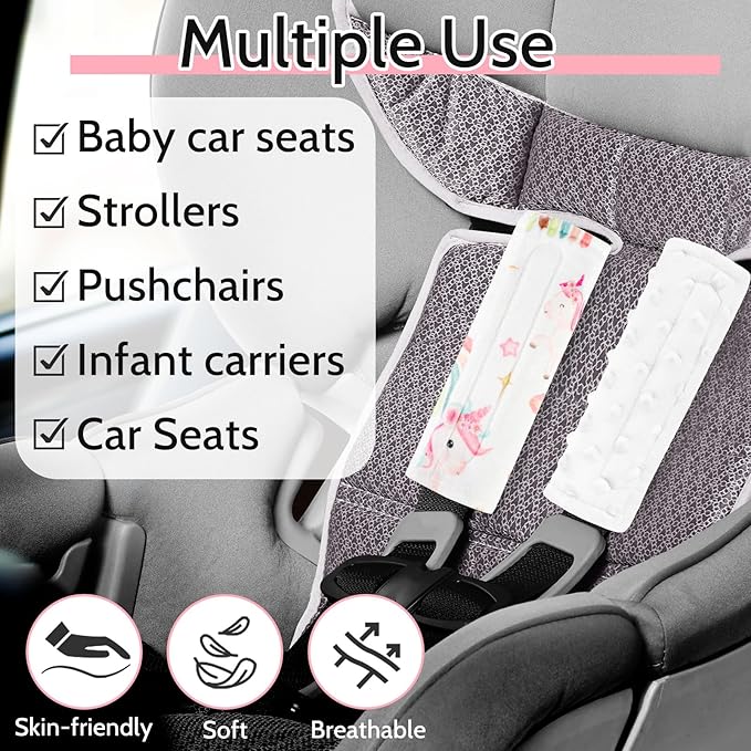 Baby Car Seat Strap Cover 2 Pack Unicorn Car Seat Straps Shoulder Pads, Seat Belt Cushions Pads for Infant Car Seats, Stroller, Pushchair