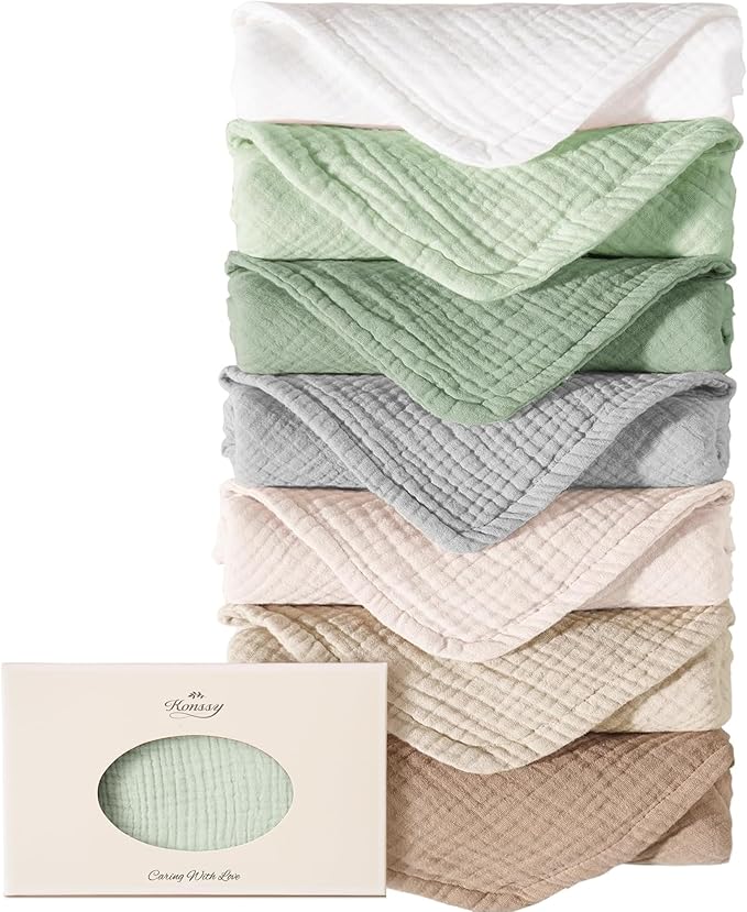 Konssy Muslin Baby Burp Cloths Sets for Unisex- 7 Pack Soft 100% Cotton Burping Clothes for Newborn，Baby Girls and Boys
