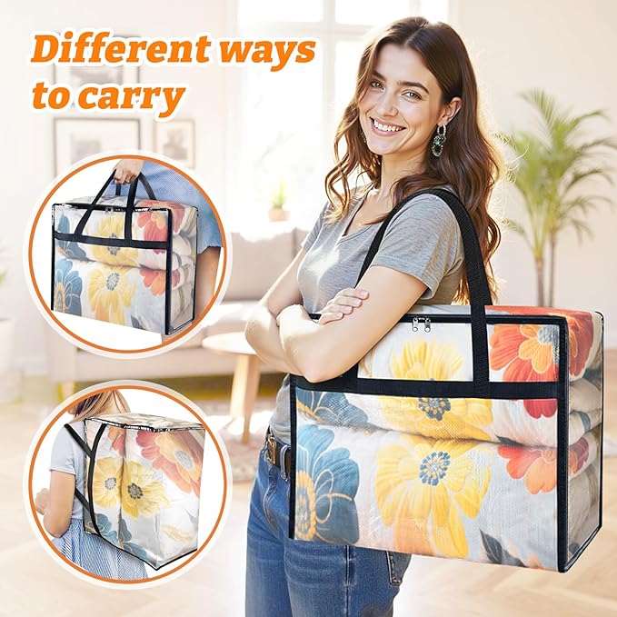 BlissTotes 4 Pack Clear Clothes Storage Bags, Moving Bags, Foldable Blanket Storage Under Bed Storage Containers with Sturdy Zipper and Handle for Clothing, Comforter, Bedding, Sheet (40L)