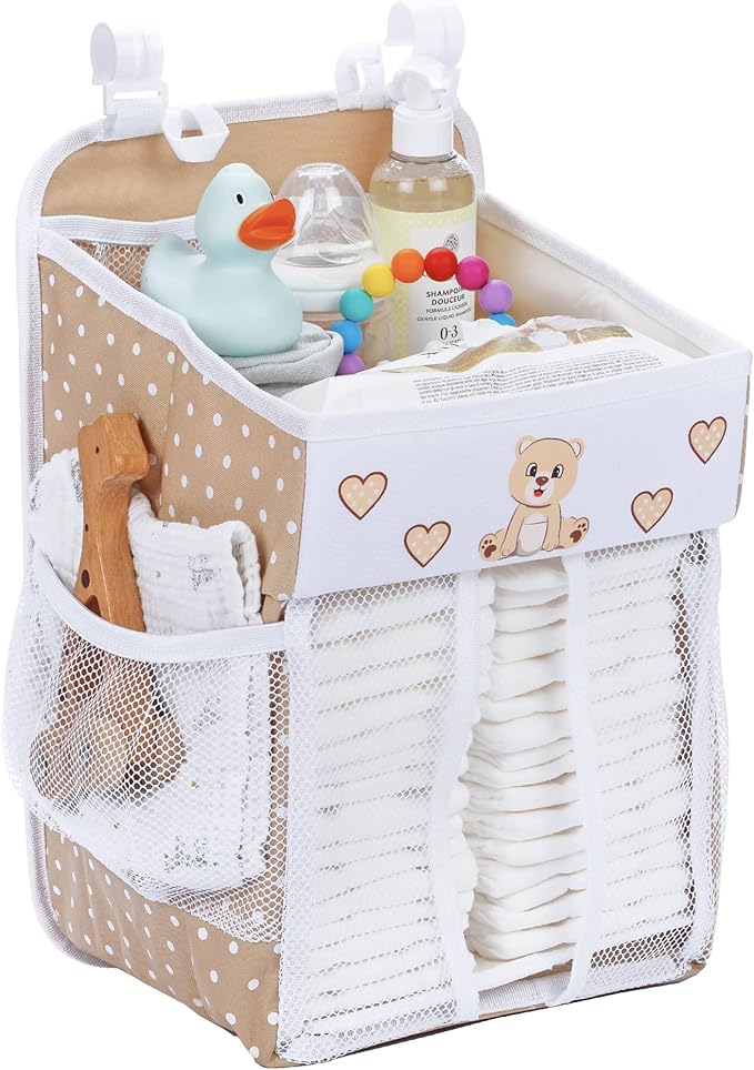 Hanging Diaper Caddy - Baby Shower Gifts Diaper Organizer for Changing Table - Hold 50+ Diapers - Nursery Baby Essentials for Newborn - Teddy Design - 17x9x9 inches