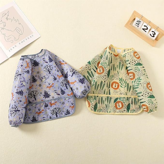 ElecMotive 3 Pack Long Sleeve Bib,Baby Smock for Eating 6-30 Months Reusable Shirt Bibs for Babies Toddler