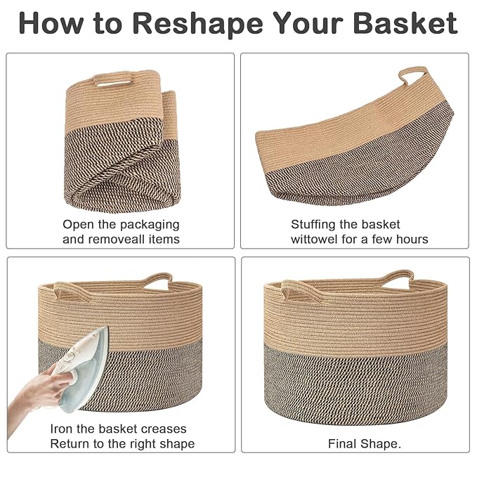 Large Storage Basket with Handle,23.6" x 23.6" x 15.7" Blanket Basket Storage Bins for Organizing,115L Cotton Rope Woven Baskets for Living Room, Nursery,Bedroom,Black&Light Grey