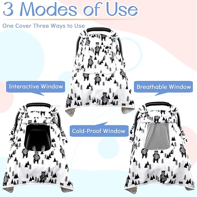 Baby Carseat Cover Boys, Newborn Car seat Canopy, Minky Cozy & Warm Cover, Winter Carrier Cover with Peep Windows, Soft & Breathable, Bear Stuff
