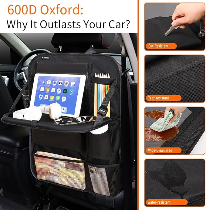Back Seat Car Organizer with Foldable Table Tray of 2 Pack-Car Kick Mats Back Seat Protector with 12 Storage Pockets Tablet Holder for Family Travel Essentials (Black)