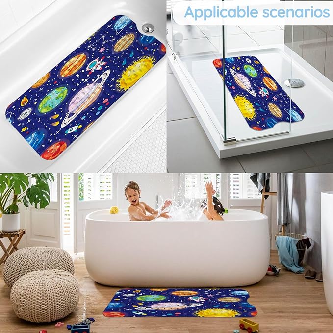 KINUUIS Bathtub Mats for Kids, Blue Outer Space Bath Mat for Tub Non Slip, 40 X 16 Inch Large Washable Bathtub Mat Non Slip for Showers with Drain Holes and Suction Cups