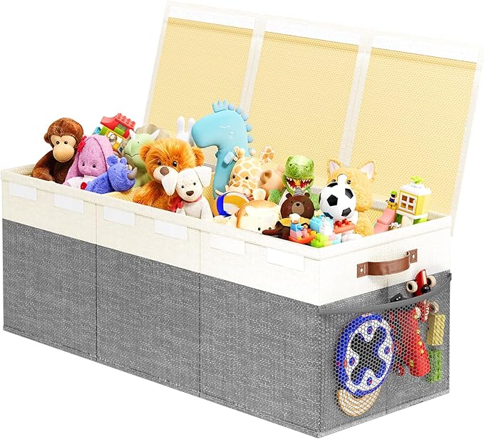 Dayacoco Extra Large Toy Box Chest with Lids, Collapsible Sturdy Kids Toy Storage Organizer Boxes for Boys Girls, Collapsible Sturdy Toys Chest Storage Organizer Bin Basket,40"X14"X16", Gray & White