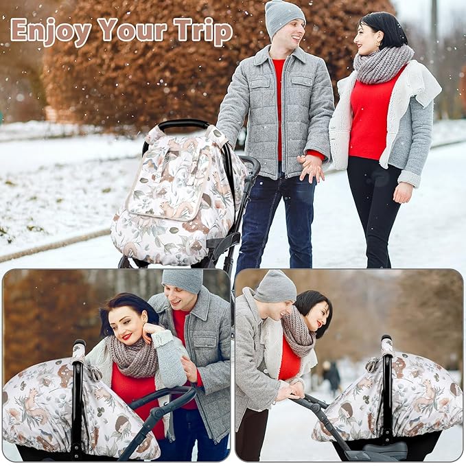 Car Seat Cover Baby Girl Boy, Warm Winter Carseat Cover for Baby, Kick-Proof Infant Car Seat Cover with Peep Window, Windproof & Cozy, Gray Animals