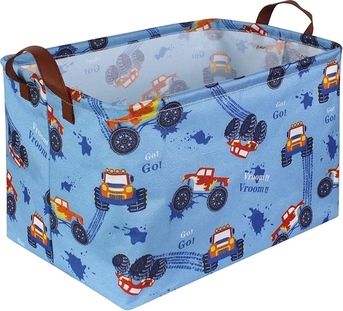 Sanjiaofen Rectangular Monster Truck Basket Organizer.Kids Baskets,Boys Storage Basket with Handles.Car Bins for Kids,Books, Gifts Storage. (Monster Trucks )