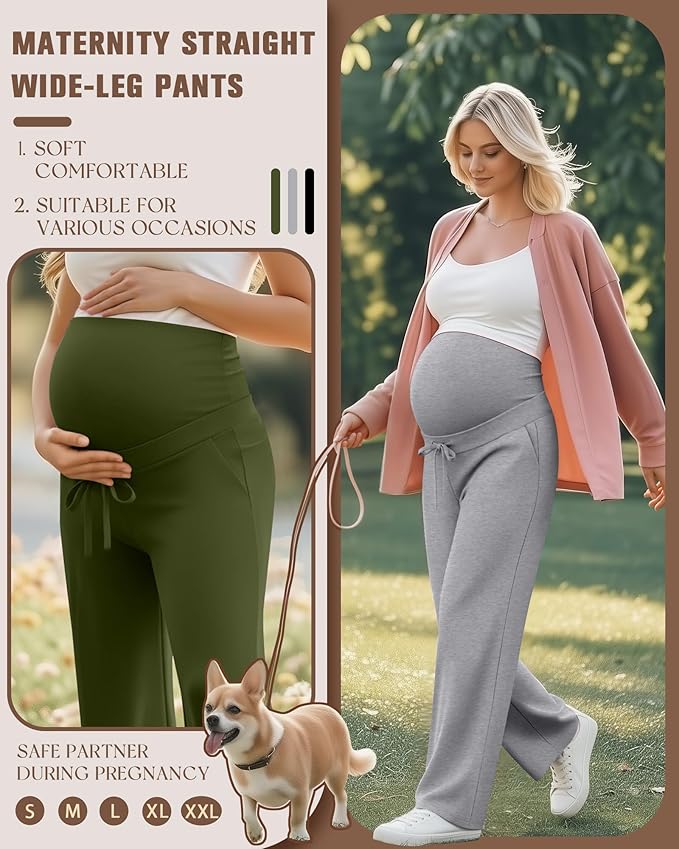 3 Pcs Maternity Sweatpants Over The Belly Pregnancy Straight Wide Leg Elastic Drawstring Pants Joggers with Pockets
