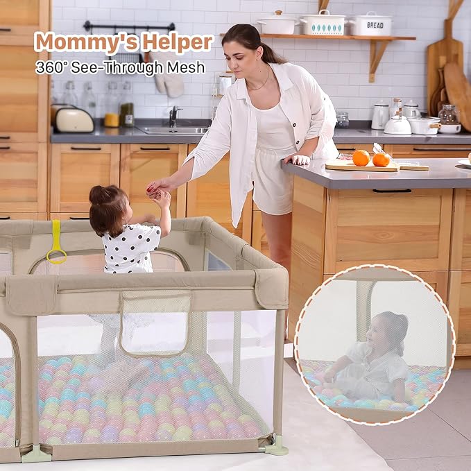 Dripex Large Baby Playpen 71×47 Inch, Big Play Pens for Babies and Toddlers- Indoor & Outdoor Kids Safe Play Area, Soft Breathable Visible Mesh, Anti-Fall & Anti-Slip Design Baby Fence, Khaki