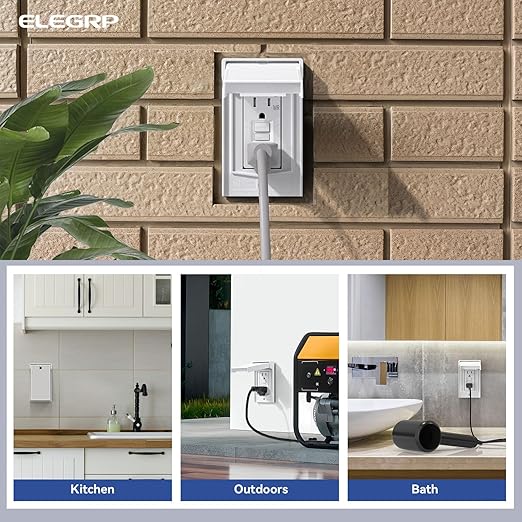 ELEGRP Outdoor GFCI Outlet with Cover, Weather Resistant GFCI Receptacle and Wall Plate, 15 Amp Self-Test GFI Electrical Outlet, Thinner Design Ground Fault Receptacle, UL Listed, Matte White, 2 Pack