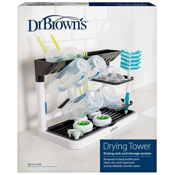 Dr. Brown's Baby Bottle Drying Tower, Stand-Up Countertop Drying Rack with Organized Storage for Baby Essentials, Space Saving Vertical Rack, Black/White