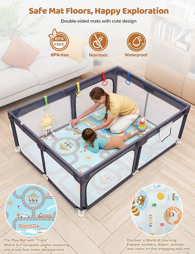 Dripex Baby Playpen with Mat, 71"x47" Play Pen for Toddlers 1-3 Years, Soft Breathable Visible Mesh, Indoor/Outdoor Portable Play Yard with Mat, Safe Baby Fence Play Area, Dark Grey