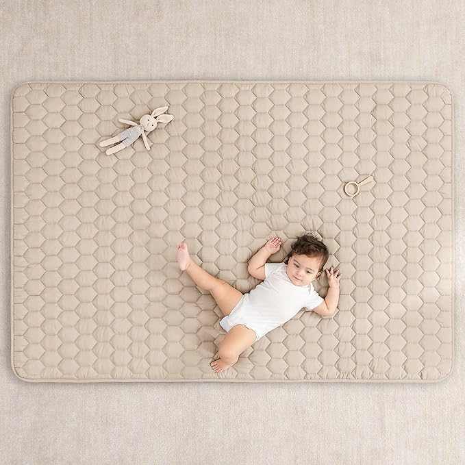 Comfy Cubs Rectangle Kids Play Mat - Medium 48 x 72 inches Soft Quilted Baby Floor Mat with Non-Slip Bottom - Plush Design for Toddlers Playtime - Comfortable and Durable - Sand