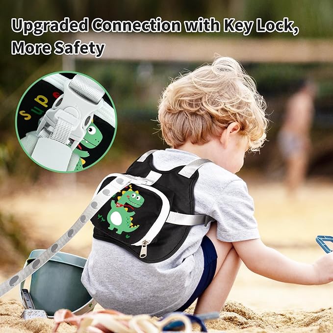 Toddler Harness Backpack Leash with Wrist Link | Cute Dinosaur Anti-Lost Walking Strap for Kids | Foldable & Adjustable Child Safety Belt for Boys & Girls(Black)