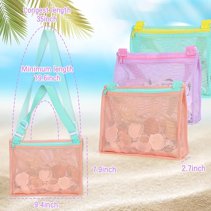 Tagitary Beach Toy Mesh Beach Bag Kids Shell Collecting Bag Beach Sand Toy Shells Beach Toys Swimming Accessories for Boys and Girls(Only Bags,A Set of 3)