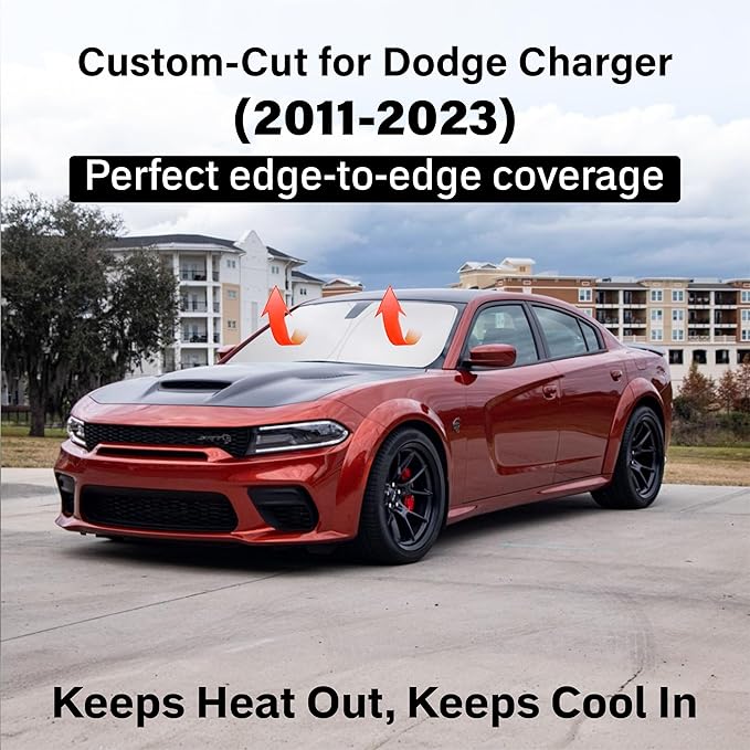 EcoNour Windshield Sun Shade Compatible for Dodge Charger 2011–2023 | Sedan Front Window Sunshade | Foldable Sun Visor Protector | Blocks UV Rays & Reduces Heat