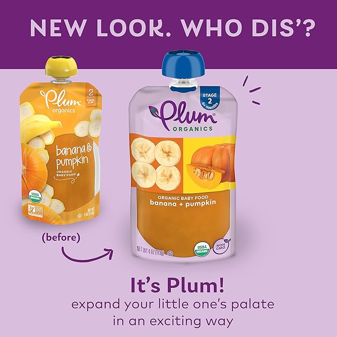 Plum Organics Stage 2 Organic Baby Food - Banana and Pumpkin - 4 oz Pouch (Pack of 4) - Organic Fruit and Vegetable Baby Food Pouch